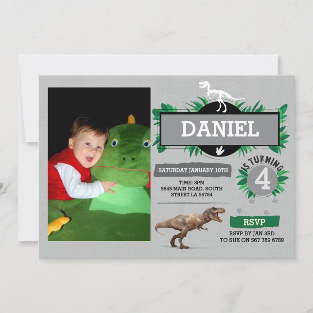 Dinosaur Birthday Party Dino Dig Trex Photo Invite (Front)