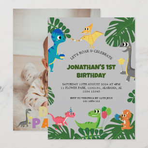Dinosaur Birthday Party First Birthday Baby Photo Invitation