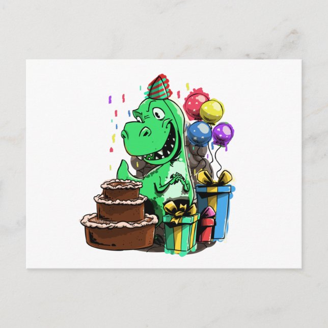 Dinosaur Birthday Party For A Cute Tyrannosaurus Postcard (Front)