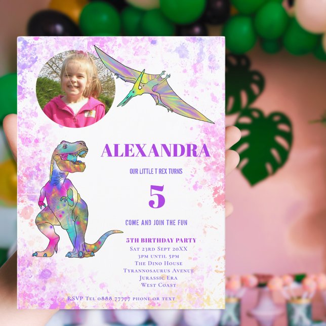 Dinosaur Birthday Party for Girls Custom Photo Invitation Postcard (Girls dinosaur 5th birthday party with photo template postcard invitation )