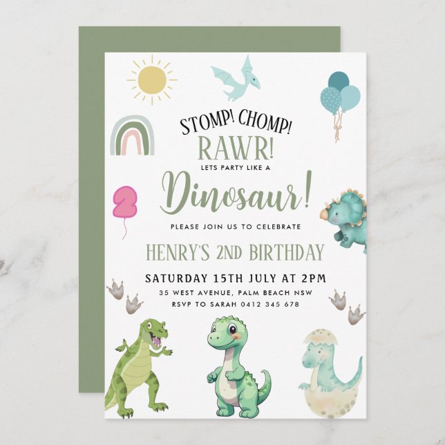 Dinosaur Birthday Party Invitation (Front/Back)