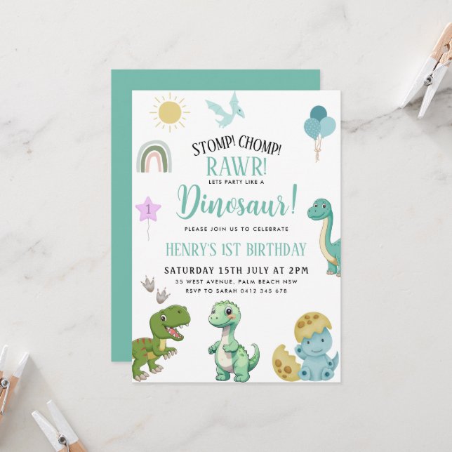 Dinosaur Birthday Party Invitation (Front/Back In Situ)