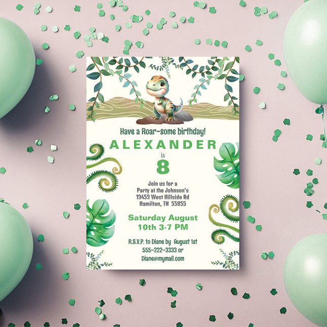 Dinosaur Birthday Party Invitation (Have a Roar-some Birthday boy dinosaur invitation with green accents)