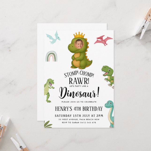 Dinosaur Birthday Party Invitation (Front/Back In Situ)