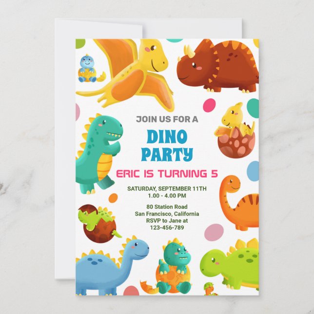 Dinosaur Birthday Party Invitation, Dinosor Cards (Front)