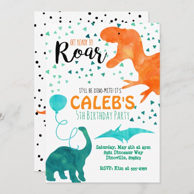 Dinosaur birthday party invitation watercolor (Front/Back)