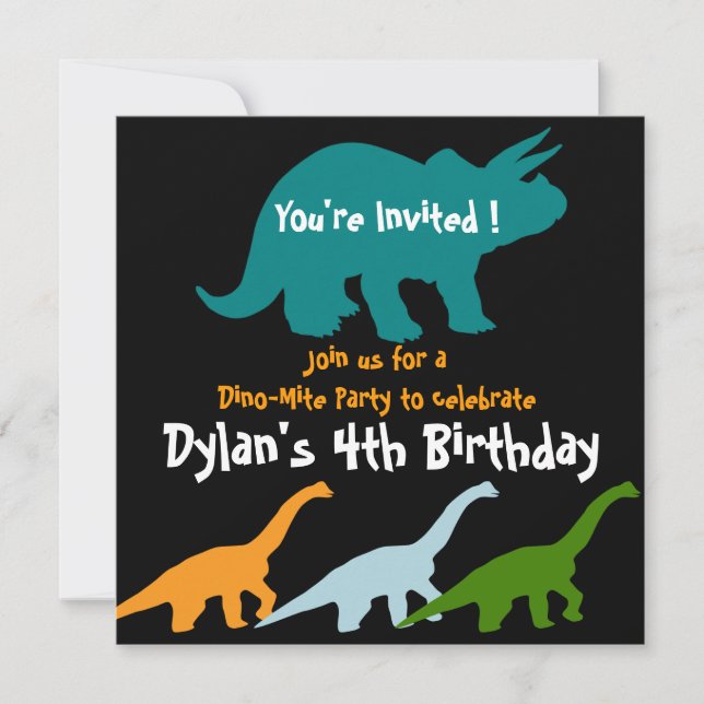 Dinosaur Birthday Party Invitations Blue Black (Front)
