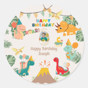 Dinosaur Birthday Party Paper Plate – Custom Photo Classic Round Sticker