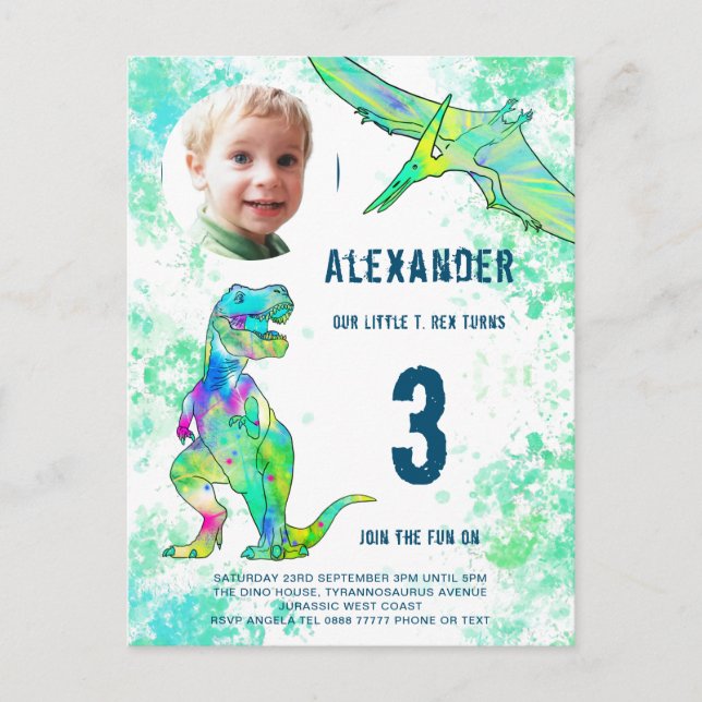 Dinosaur Birthday Party Photo Watercolor Invitation Postcard (Front)