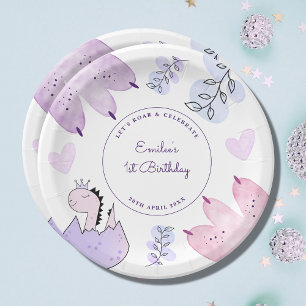 Dinosaur Birthday Party Pink Purple  Paper Plate