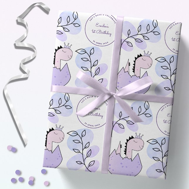 Dinosaur Birthday Party Pink Purple Wrapping Paper (Creator Uploaded)