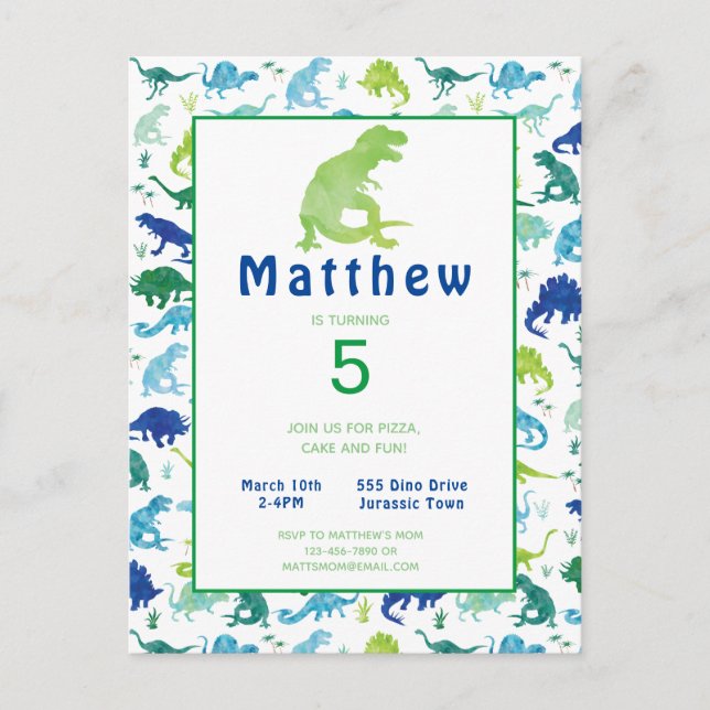 Dinosaur Birthday Party T-Rex Kids Invitation Postcard (Front)