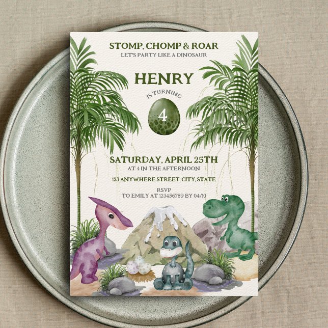 Dinosaur Birthday Party T-rex Watercolor Invitation (Invitation (front))