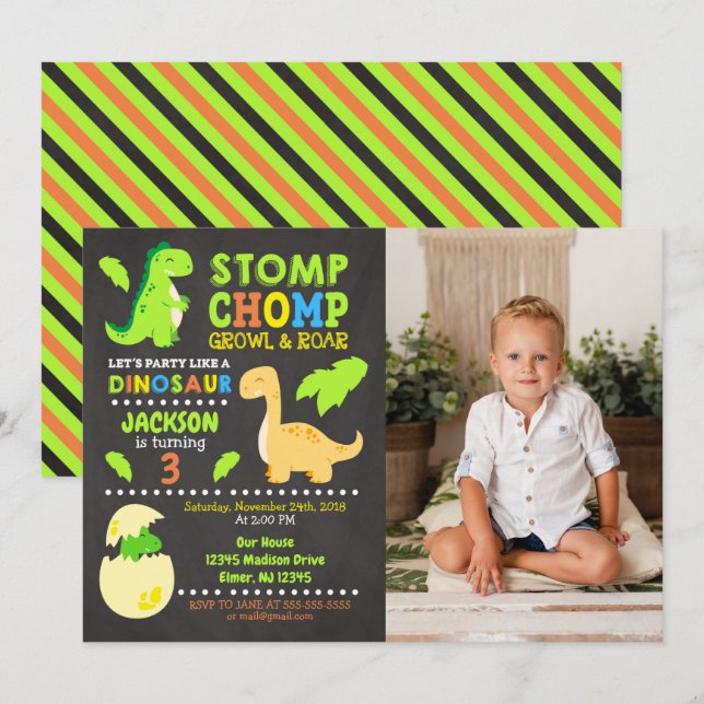 Dinosaur Birthday Photo Invitation for a Boy (Front/Back)