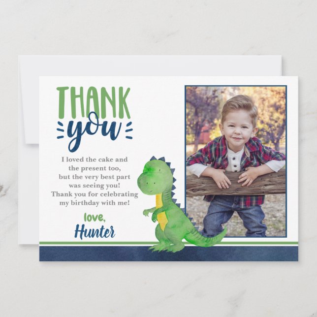 Dinosaur Birthday Photo Thank You Card (Front)