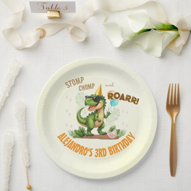 Dinosaur Birthday - Stomp Chomp Roar T-Rex Birthda Paper Plate (Wedding)