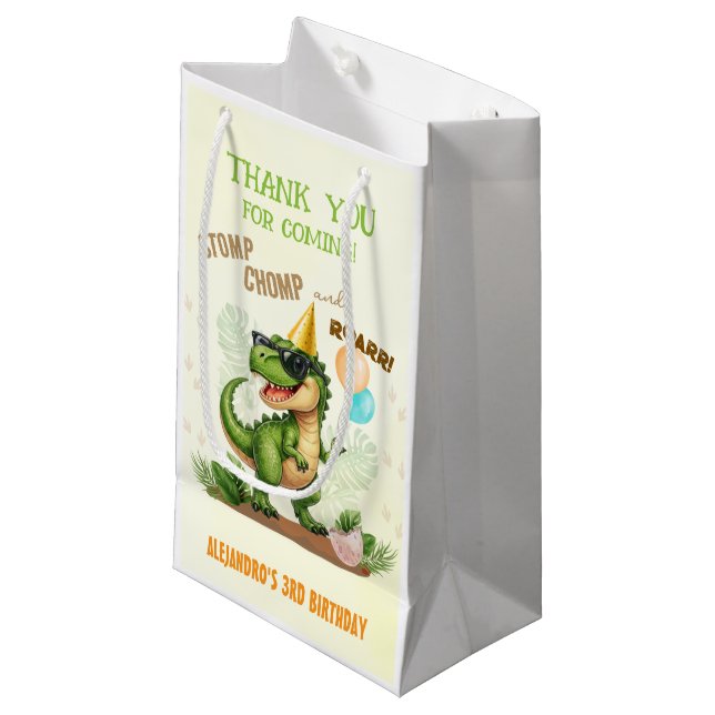Dinosaur Birthday - Stomp Chomp Roar T-Rex Birthda Small Gift Bag (Front Angled)