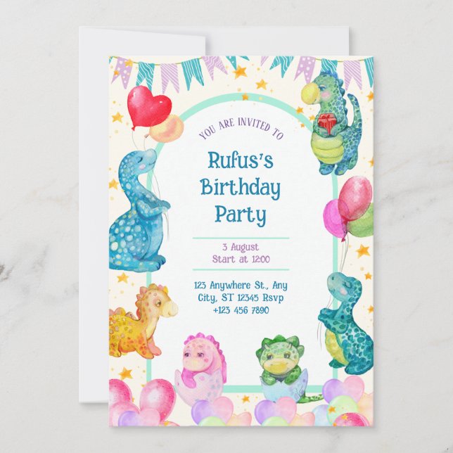 Dinosaur Birthday Watercolor Invitation (Front)