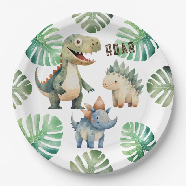 Dinosaur Birthday Watercolor Paper Plate (Front)