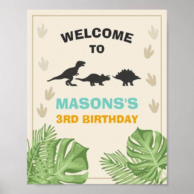 Dinosaur Birthday Welcome Sign Boy Leaves Party (Front)