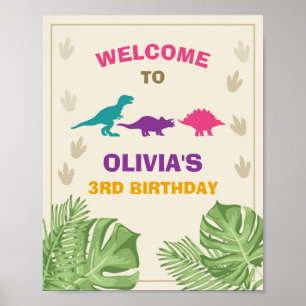 Dinosaur Birthday Welcome Sign Girl Leaves Party