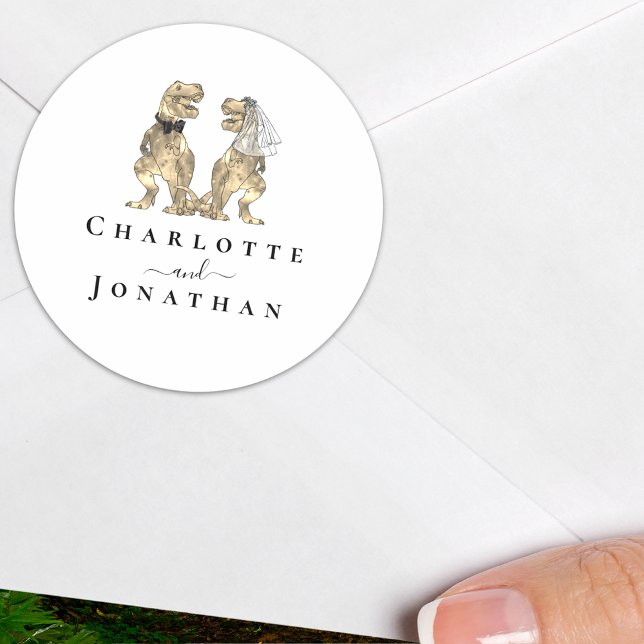 Dinosaur Black and White Wedding Personalised  Classic Round Sticker (T-Rex bride and groom dinosaur black and white wedding personalized sticker elegant modern script )
