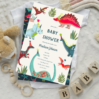 Dinosaur blue baby boy shower party invitation