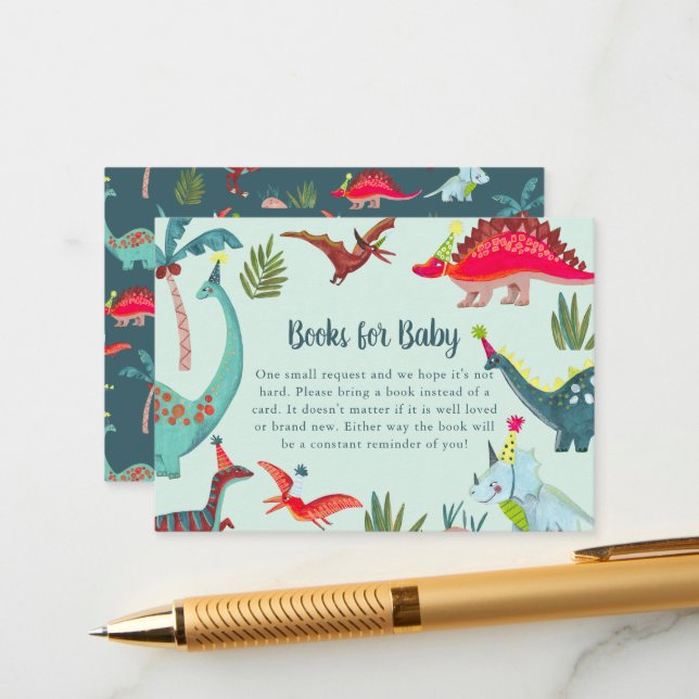 Dinosaur Blue Baby Shower Book Request  Enclosure  Card (Front/Back In Situ)