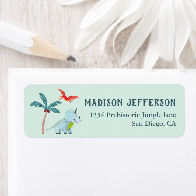 Dinosaur blue baby shower party return address label (Insitu)