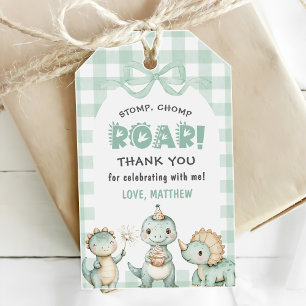 Dinosaur Blue Gingham 1st Birthday Party Gift Tags