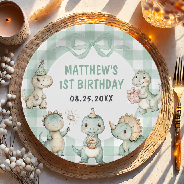 Dinosaur Blue Gingham 1st Birthday Party Paper Plate (Creator Uploaded)