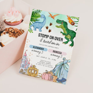 Dinosaur & Blue Princess Joint Kids Birthday Invitation