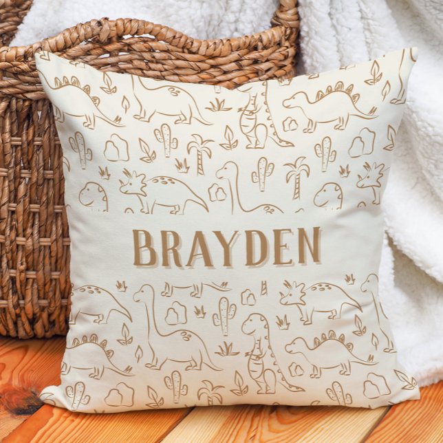 Dinosaur Boho Boy Name Dino Cute Beige Brown Tan Cushion (Creator Uploaded)