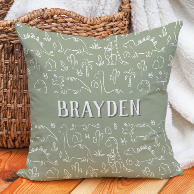 Dinosaur Boho Boy Name Dino Cute Earthy Sage Green Cushion (Creator Uploaded)
