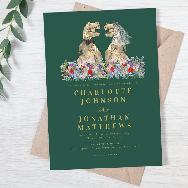 Dinosaur Boho Wildflower Green & Gold Wedding Invitation (Dinosaur boho wildflower green & gold wedding invitation Fun T-Rex bride & groom dino garden meadow)