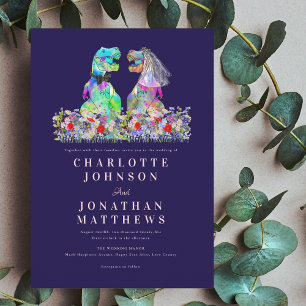 Dinosaur Boho Wildflower Navy Blue Blush Pink Invitation