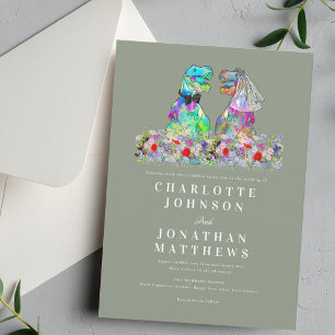 Dinosaur Boho Wildflower Sage Green Wedding Invitation