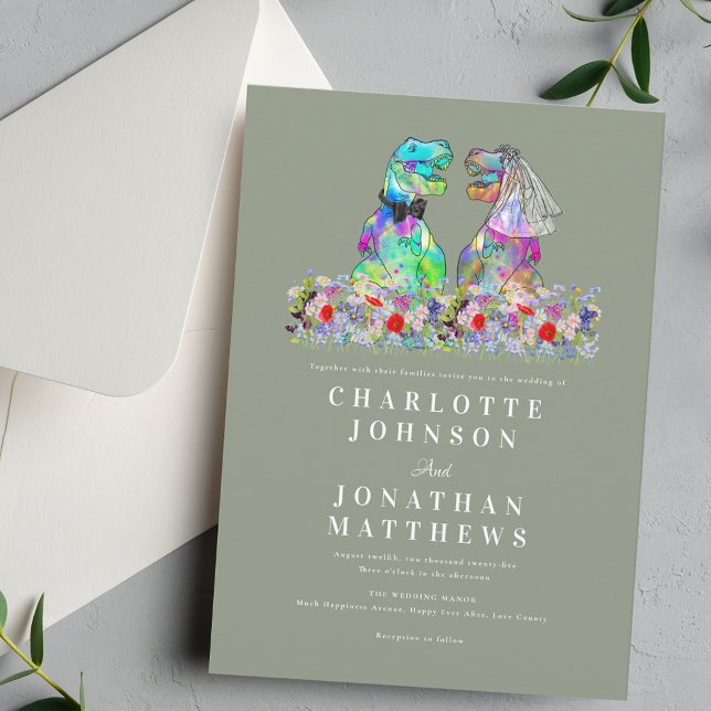 Dinosaur Boho Wildflower Sage Green Wedding Invitation (Elegant Wildflower meadow boho rustic  Dinosaur sage green wedding invitation T-Rex bride & groom )