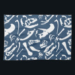 Dinosaur Bones (Blue) Tea Towel<br><div class="desc">Blue and white Dinosaur bones repeating pattern! Dinosaurs featured in this design include: Tyrannosaurus Rex,  Allosaurus,  Parasaurolophus,  Triceratops,  Brachiosaurus,  Spinosaurus,  and Velociraptor.</div>