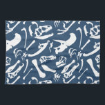 Dinosaur Bones (Blue) Tea Towel<br><div class="desc">Blue and white Dinosaur bones repeating pattern! Dinosaurs featured in this design include: Tyrannosaurus Rex,  Allosaurus,  Parasaurolophus,  Triceratops,  Brachiosaurus,  Spinosaurus,  and Velociraptor.</div>