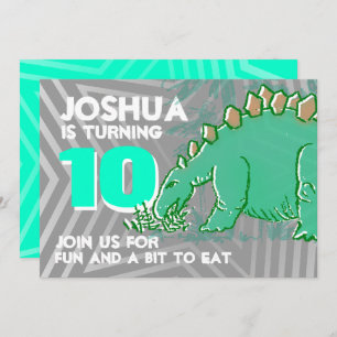 Dinosaur boy 10th birthday green grey invitation