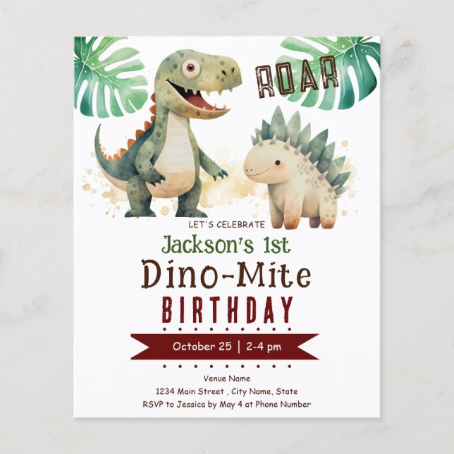 Dinosaur Boy 1st Birthday Budget Paper Sheet (Front)