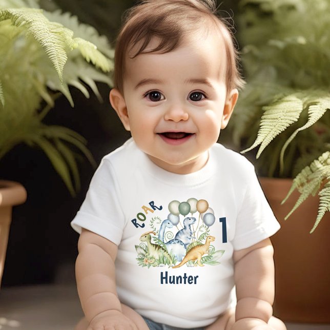 Dinosaur Boy Blue Green Name 1st Birthday Baby T-Shirt (Dinosaur Boy Blue Green Name 1st Birthday Baby T-Shirt)