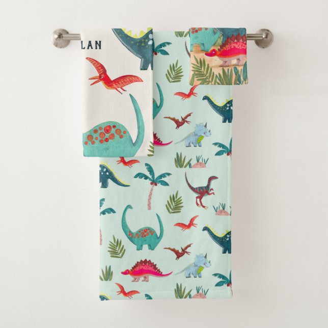 Dinosaur boy blue monogram all-over print kids bath towel set (Insitu)