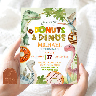 Dinosaur Boy Doughnuts and Dinos Birthday Party Invitation