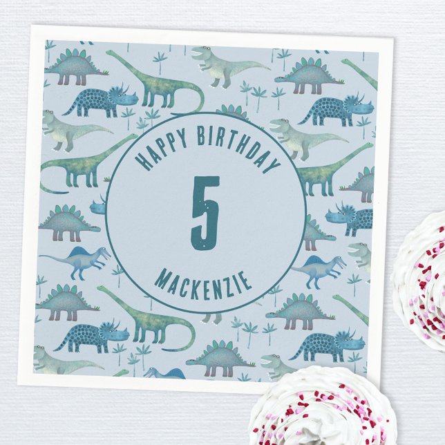 Dinosaur Boy Kids Birthday Party Blue Napkin (Dinosaur personalized kids party paper napkin)