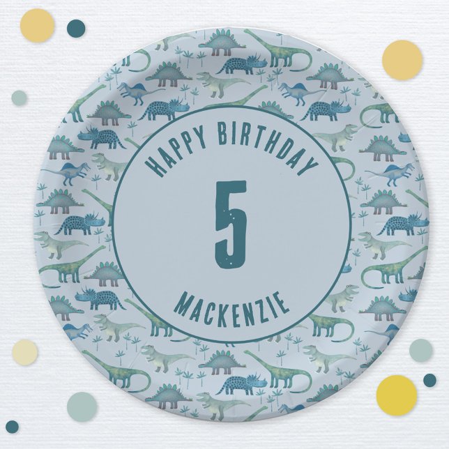 Dinosaur Boy Kids Birthday Party Blue Paper Plate (Dinosaur birthday party personalized paper plate)