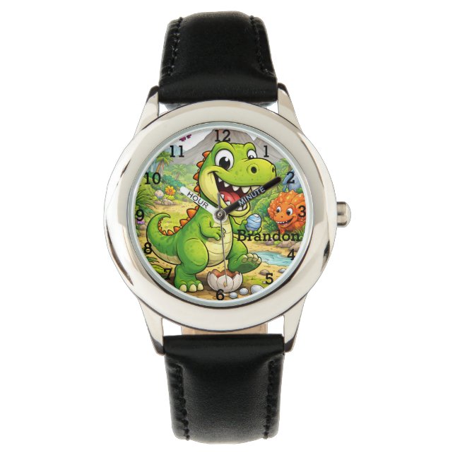 Dinosaur Boy Modern Green Trex Custom Name Kids Watch (Front)