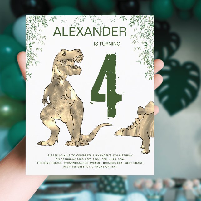 Dinosaur Boys 4th Birthday Party Budget (Dinosaur jungle T-Rex and stegosaurus 4th birthday party budget invitation green and brown)