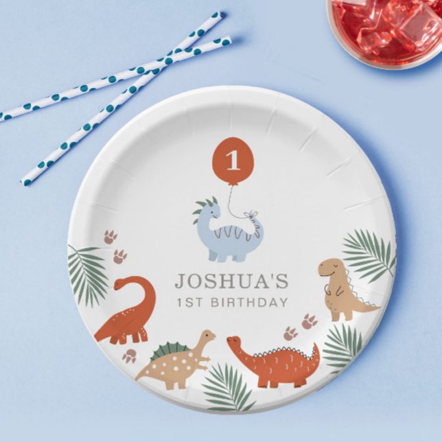 Dinosaur Boys First 1st Birthday Paper Plate (Creator Uploaded)